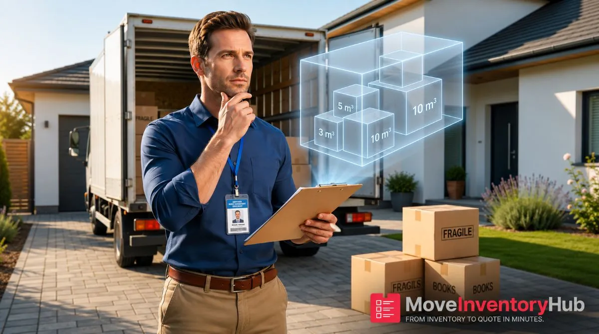 Professional surveyor using a digital tablet to estimate moving volume accurately in a client's living room