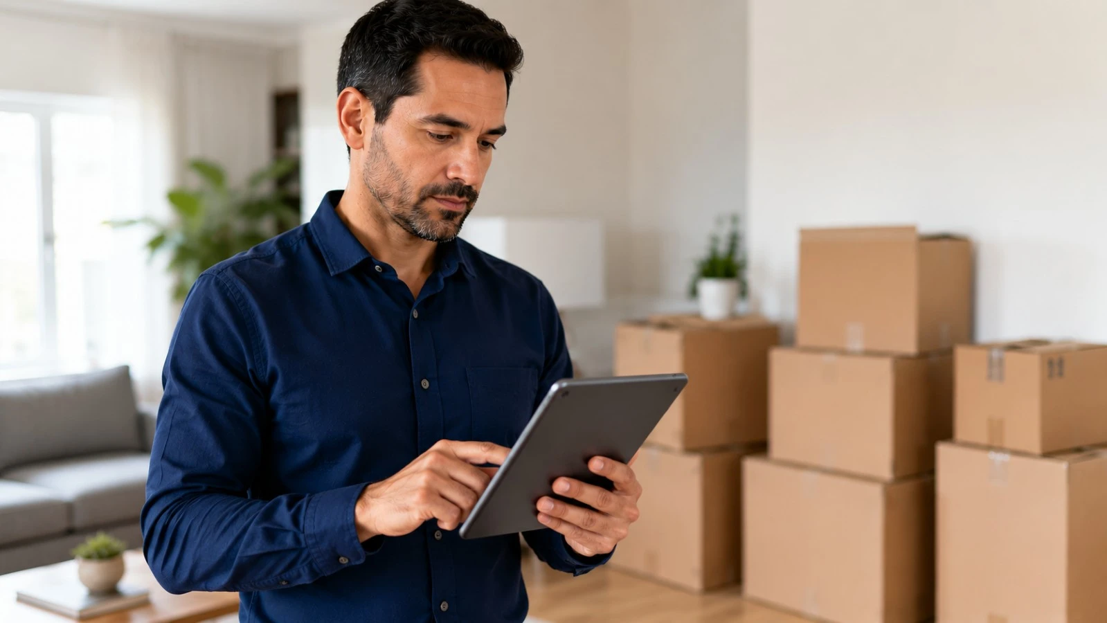 Operations manager reviewing a digital moving survey on a tablet to reduce survey mistakes
