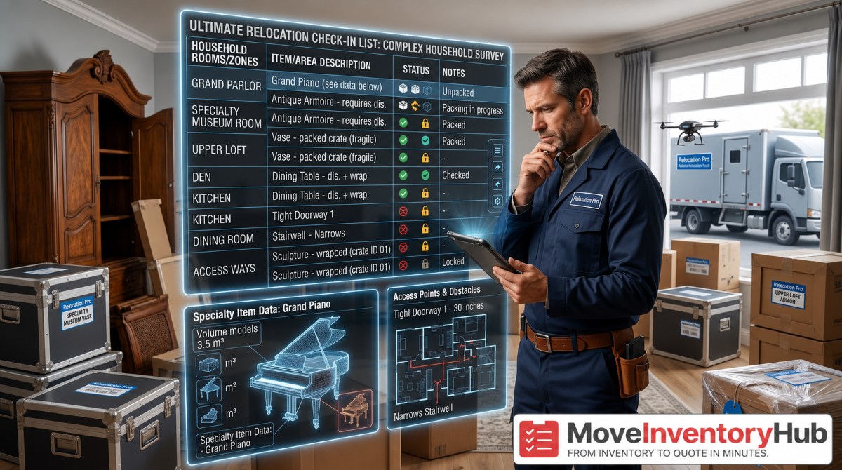 Professional moving surveyor checking inventory checklist